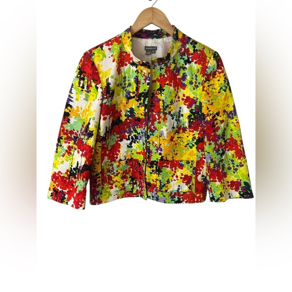 Anthracite Paint Splatter Open Cropped Blazer Jacket Colorful Vibrant Artsy M - Picture 1 of 12
